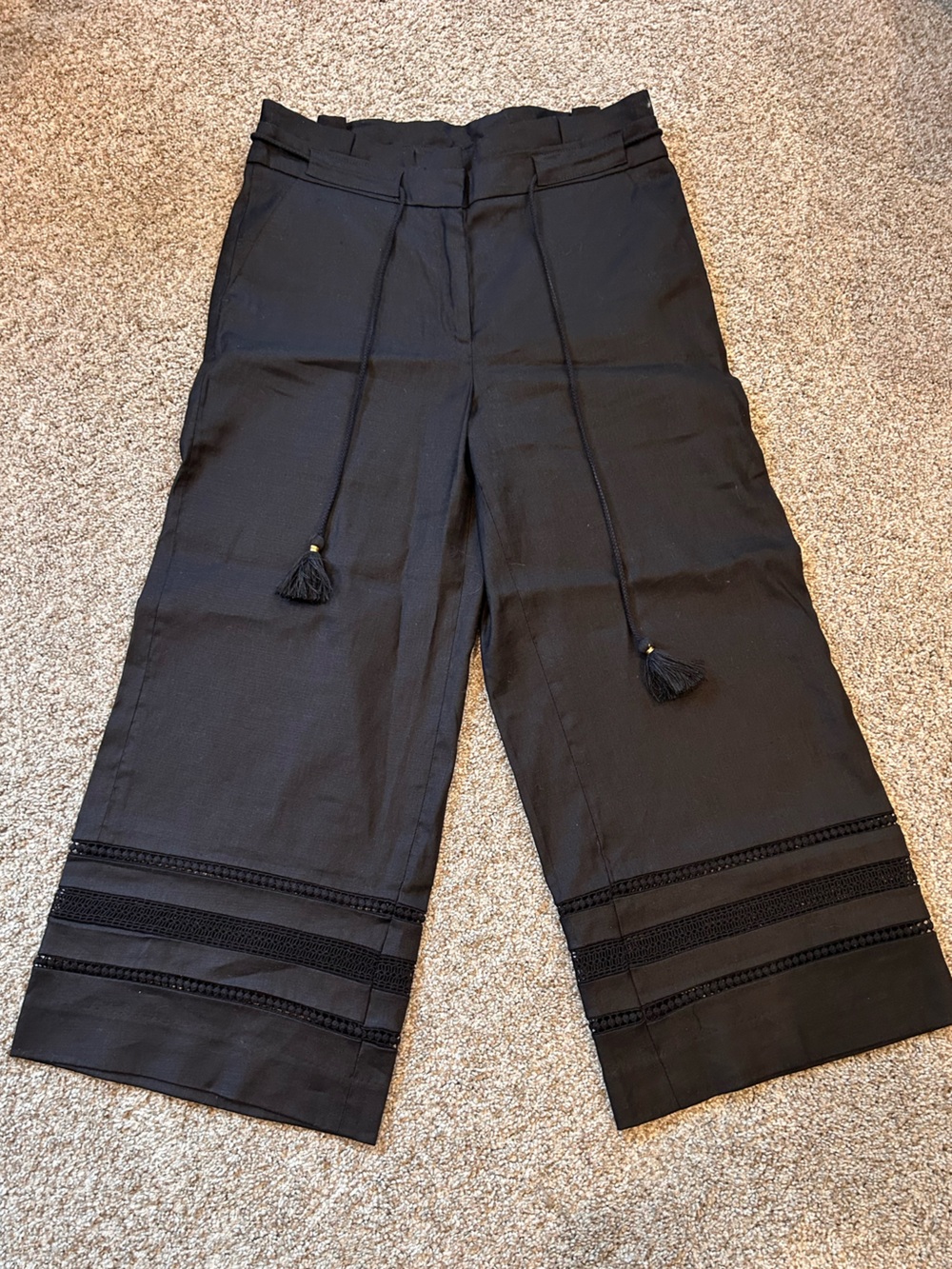 NWOT WHBM Classic Wide Leg Crop Linen Blend Pants. Crocheted Ankle. Vacation.8